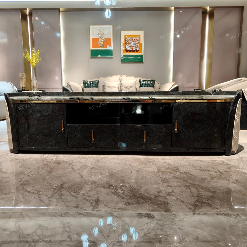 Luxury TV Stand with Dark Natural Wood Veneer Marble Top Embossed Side Panels and Stainless Steel Handles